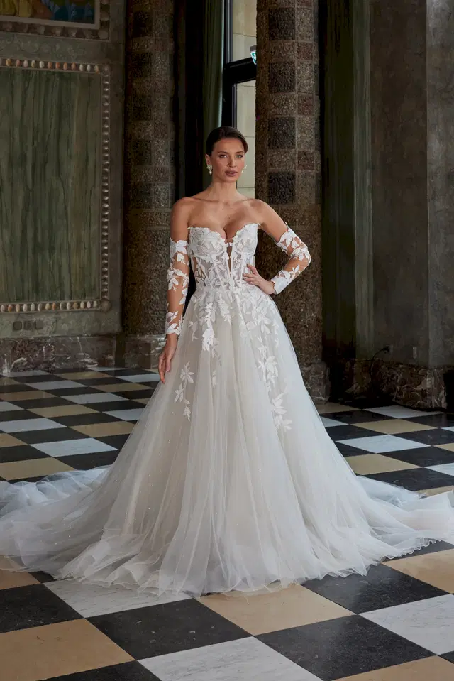 50925 by Diane Legrand: A-Line silhouette, sweetheart neckline, long sleeves, lace