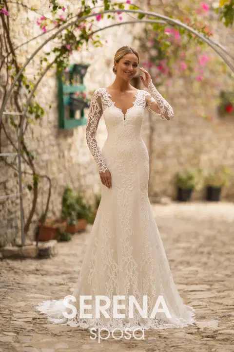 Style 5551 wedding dress by Serena Bridal, fit & flare, lace