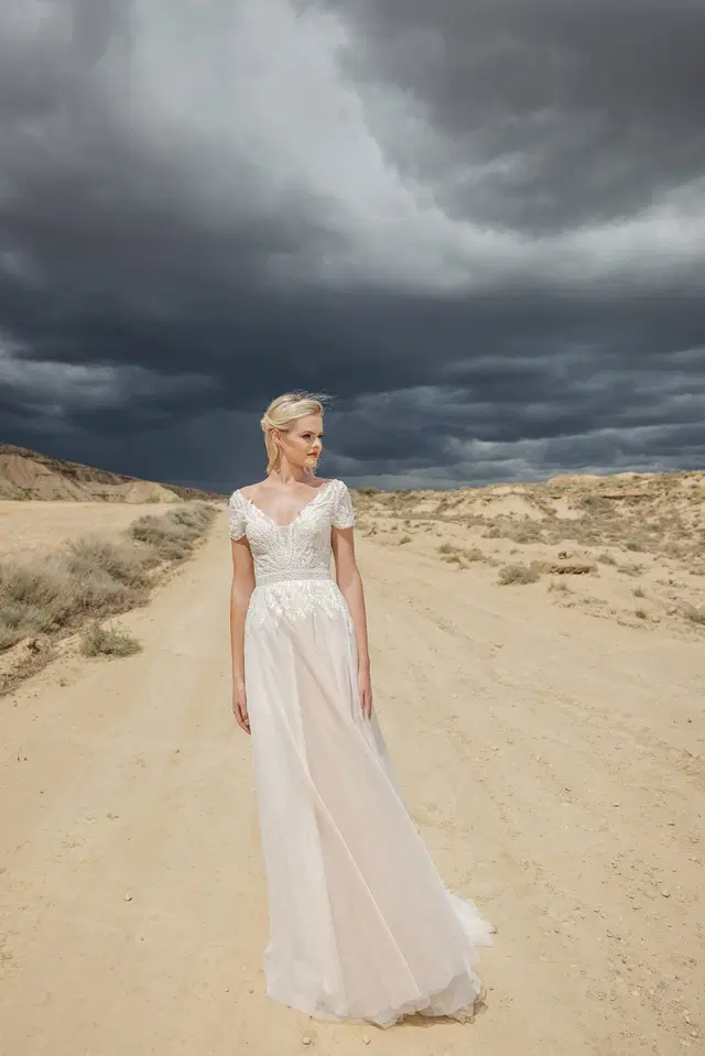 DT315 by Duett: Trumpet silhouette, V-neck neckline, short sleeves, lace