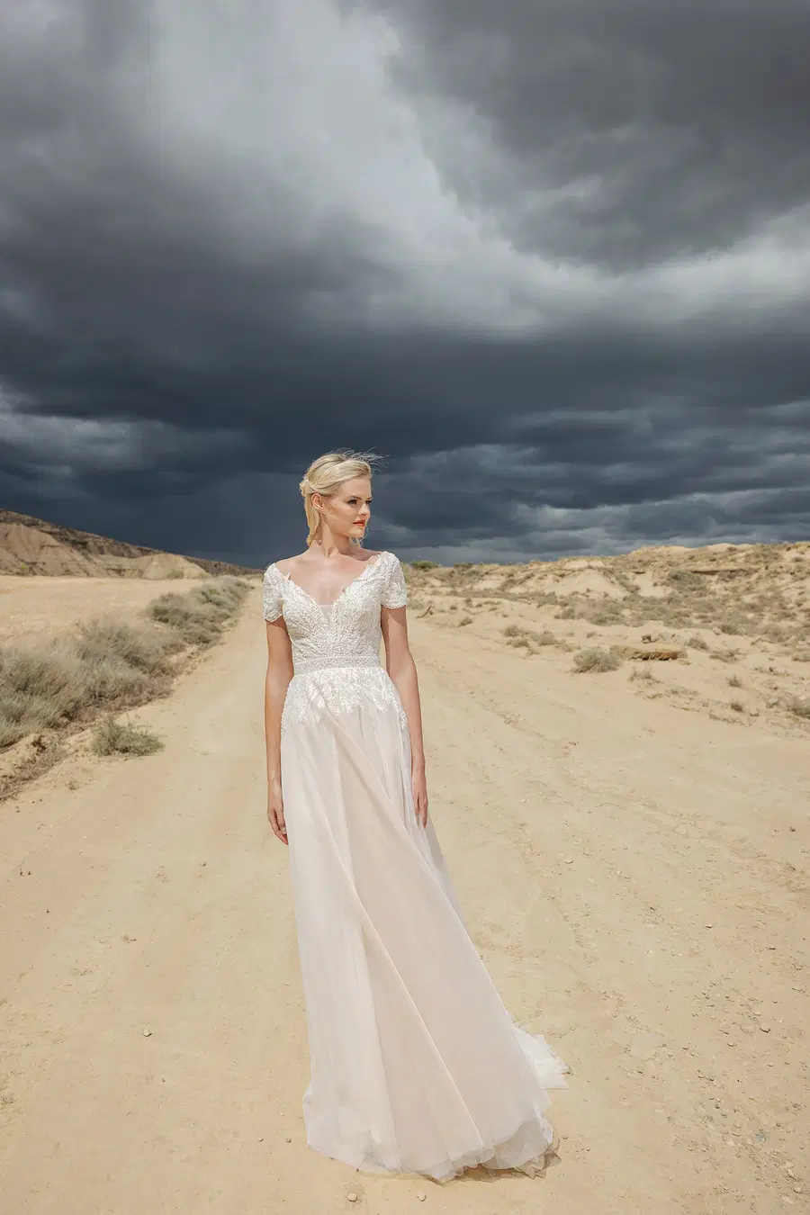 DT315 by Duett: Trumpet silhouette, V-neck neckline, short sleeves, lace