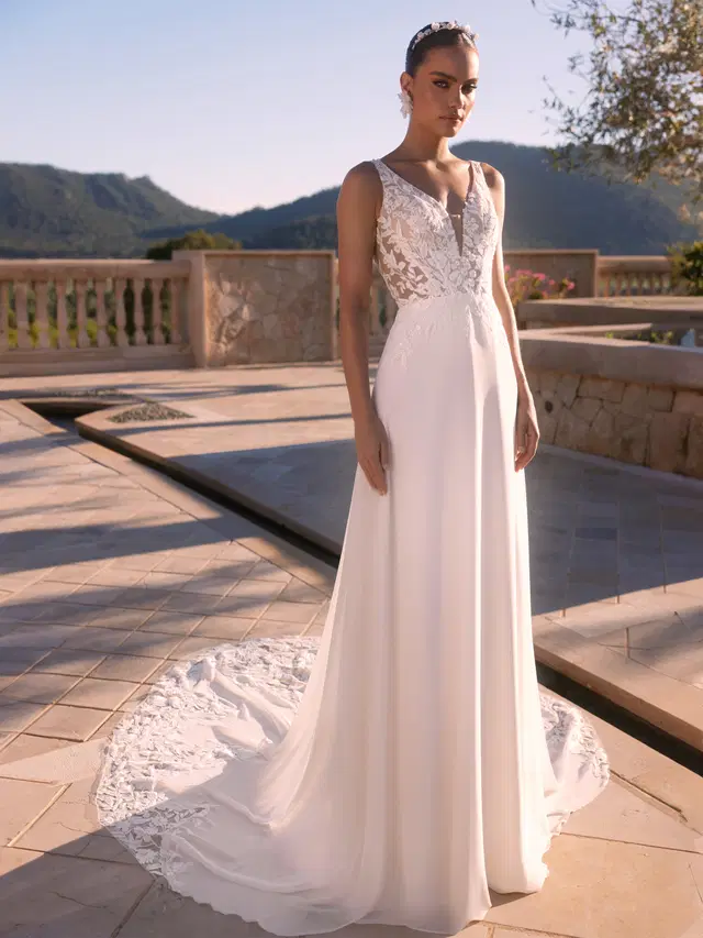 Ione by Bianco Evento: A-Line silhouette, deep V-neck neckline, sleeveless, lace