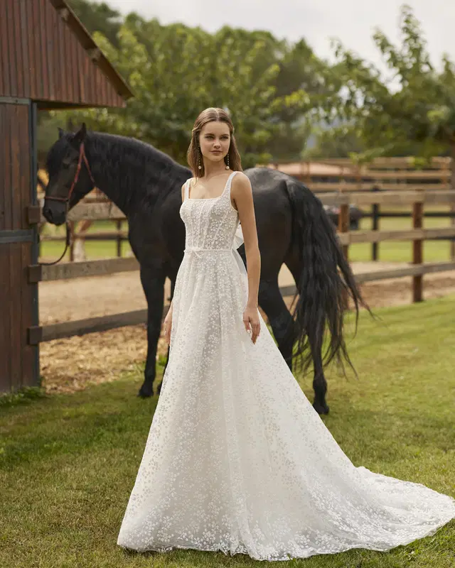 Nuisa by Alma Novia: A-Line silhouette, square neckline, sleeveless, lace