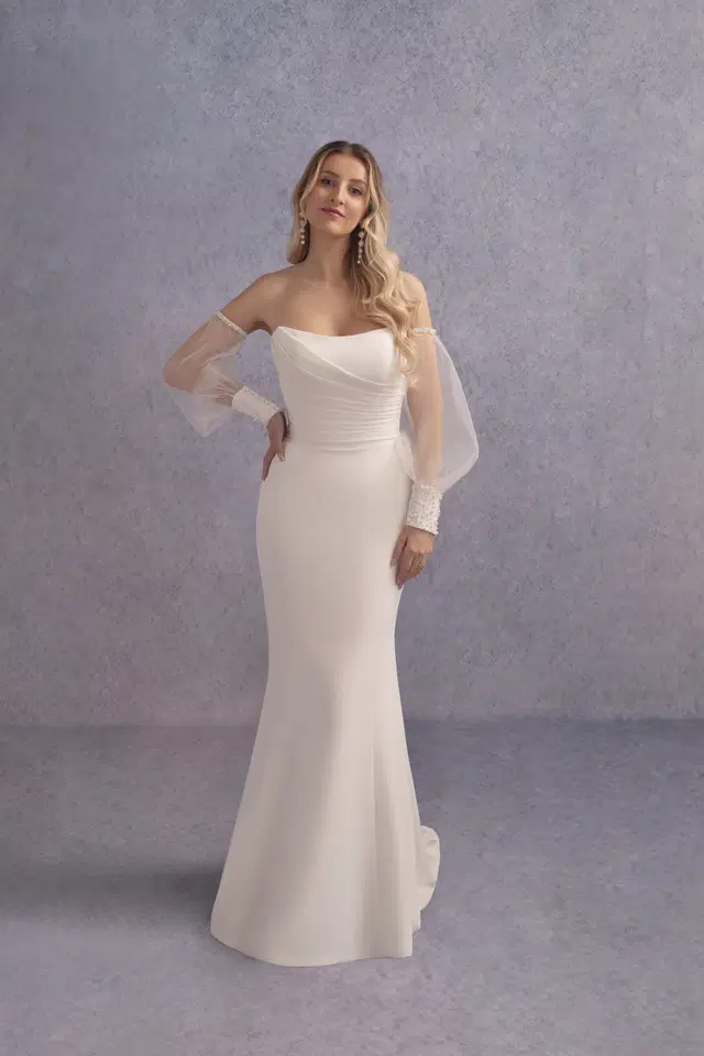 Demi by Donna Salado Bridal: Fit & Flare silhouette, scoop neckline, separate sleeves, crepe