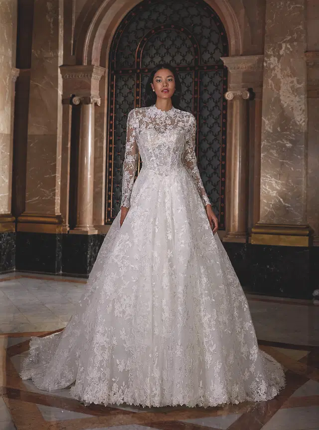 DP539 by Demetrios: Ball Gown silhouette, high / halter neckline, long sleeves, lace