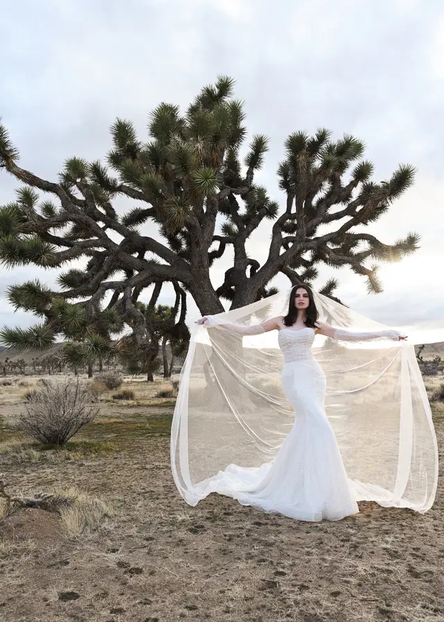 PALOS VERDES by Dando London: Fit & Flare silhouette, straight neckline, tulle, chapel train