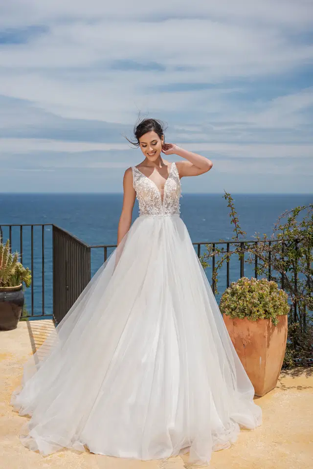 MGB141 by Miss Beautiful Bride: Ball Gown silhouette, deep V-neck neckline, sleeveless, lace