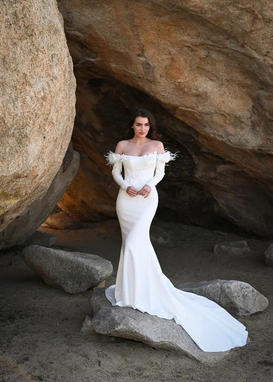 BURBANK by Dando London: Trumpet silhouette, scoop neckline, long sleeves, crepe