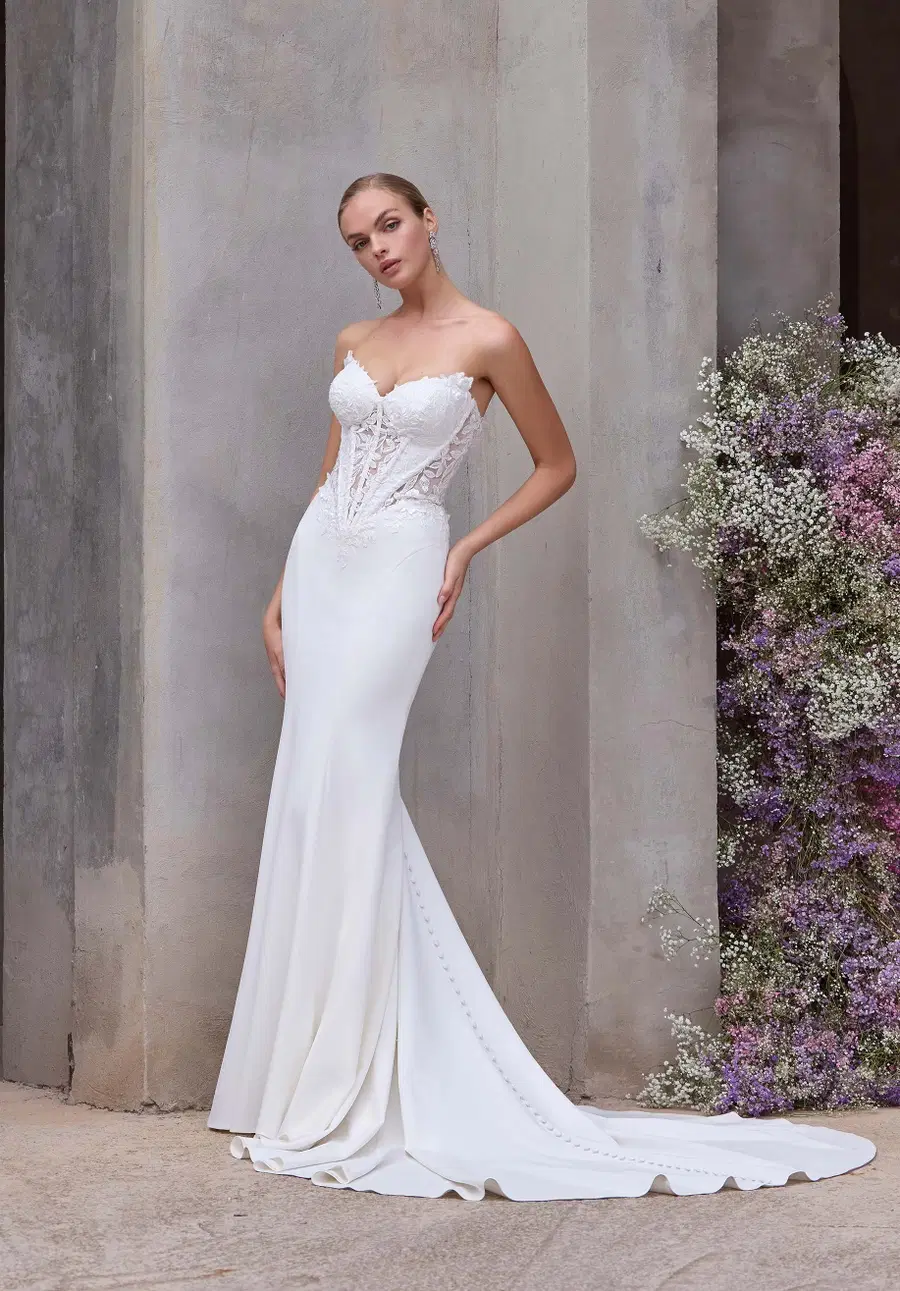 Hypatia by Mori Lee: Fit & Flare silhouette, off-shoulder neckline, crepe