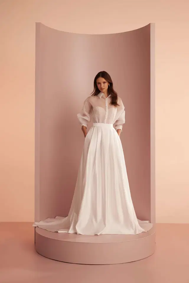L408 by Ariamo Light: A-Line silhouette, straight neckline, long sleeves, satin