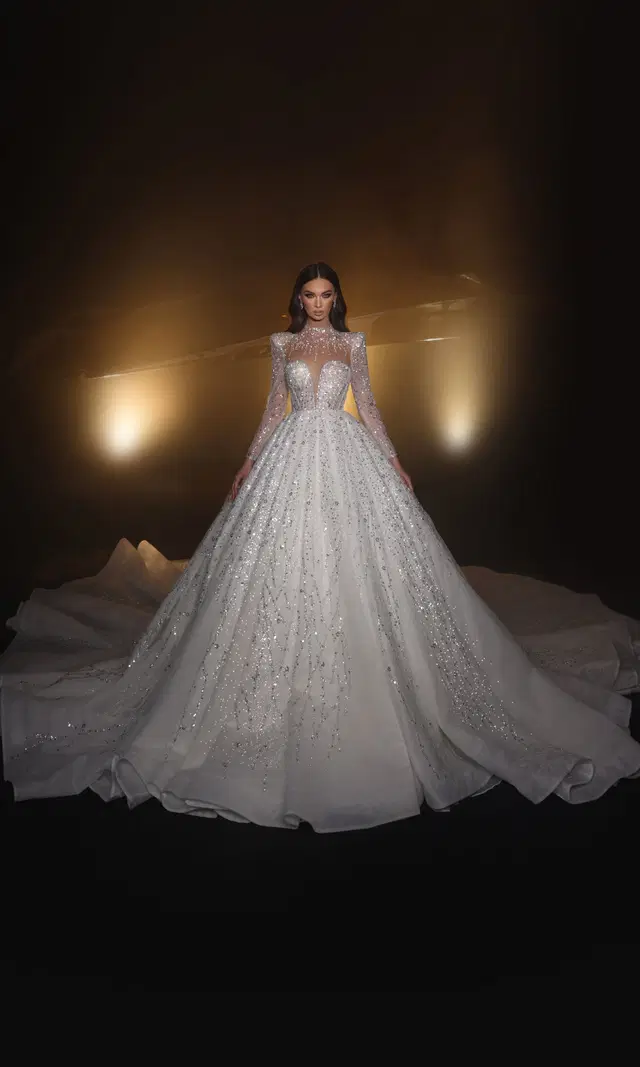 R 24-017 by Ricca Sposa: Ball Gown silhouette, illusion neckline, long sleeves, tulle