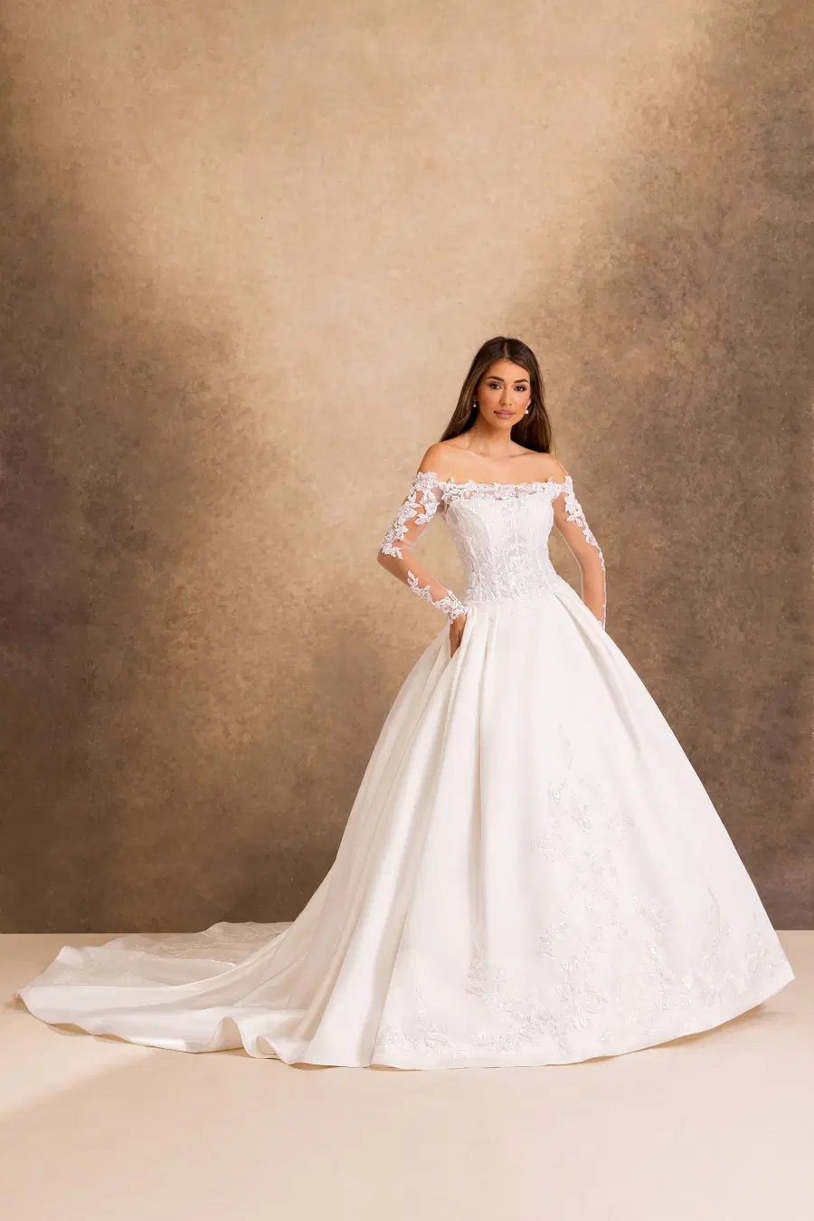 RB2256 by Rachel Allan: Ball Gown silhouette, off-shoulder neckline, long sleeves, lace