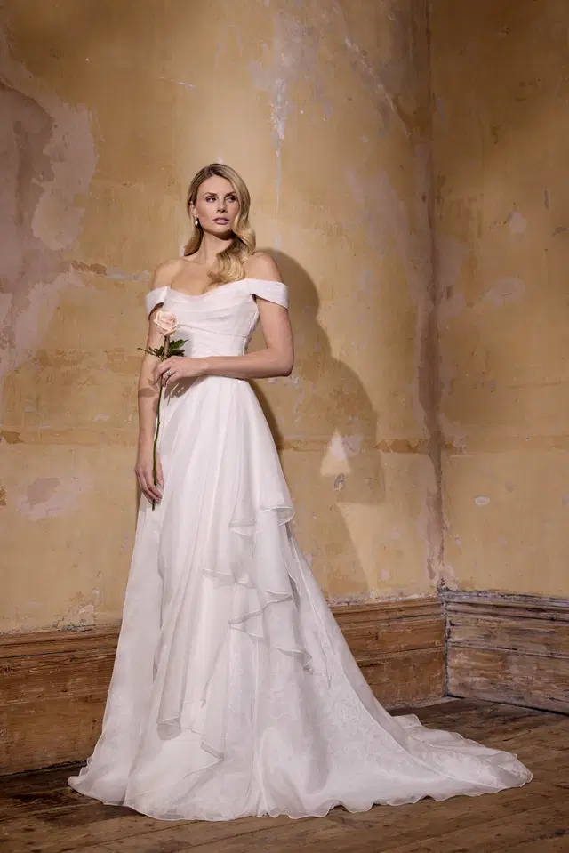 Serena by Josephine Scott: A-Line silhouette, off-shoulder neckline, sleeveless, lace