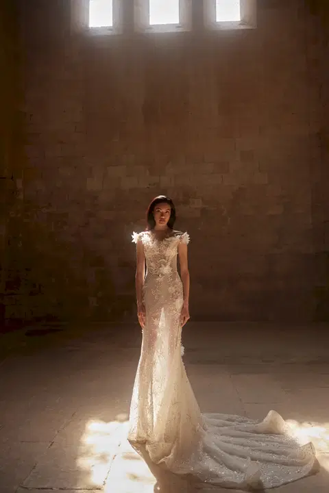 Gina Manes wedding dress by Innocentia Divina, fit & flare, lace