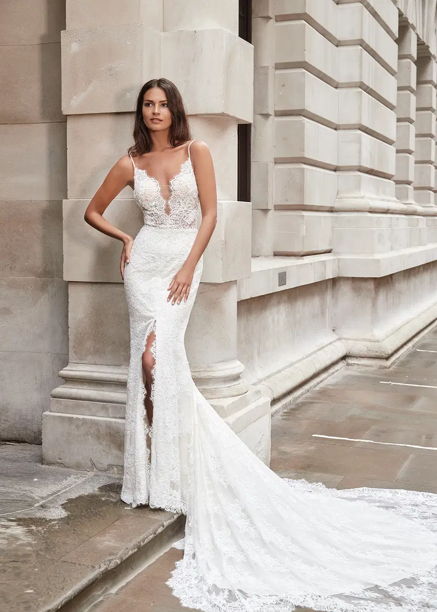 YASMIN LE BON by Dando London: Mermaid silhouette, V-neck neckline, sleeveless, lace