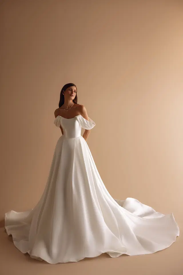 Leilani by Ella Novia: Ball Gown silhouette, off-shoulder neckline, short sleeves, satin
