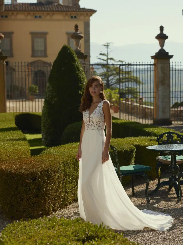 Danique by Modeca Bridal: A-Line silhouette, V-neck neckline, sleeveless, chiffon