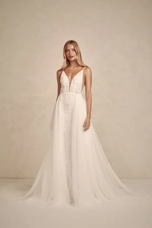 Hudson by MWL Bride: Trumpet silhouette, deep V-neck neckline, sleeveless, lace