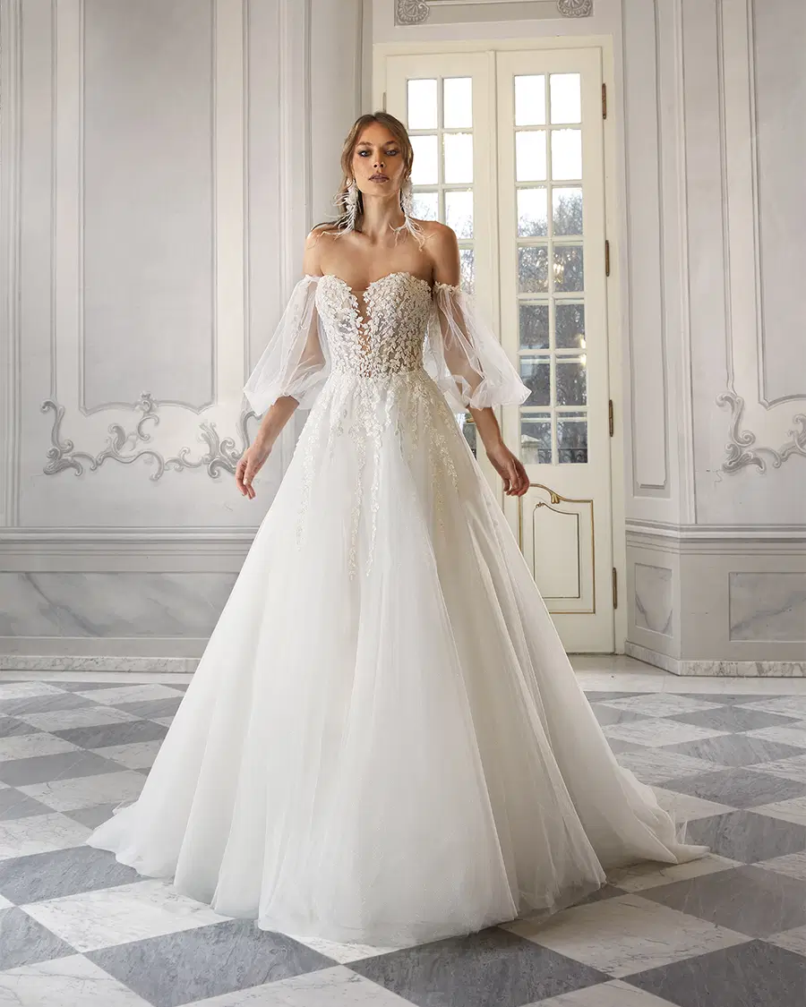 Ruth by Vanilla Sposa: A-Line silhouette, deep V-neck neckline, separate sleeves, lace