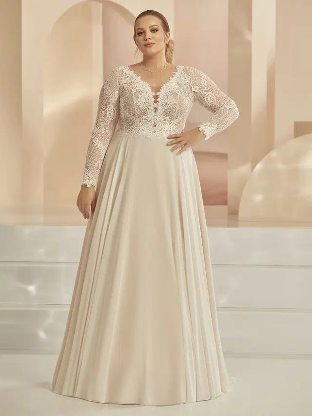 Famosa c by Bianco Evento: A-Line silhouette, V-neck neckline, long sleeves, lace