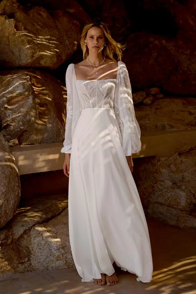 66461 by Lillian West: A-Line silhouette, square neckline, long sleeves, lace