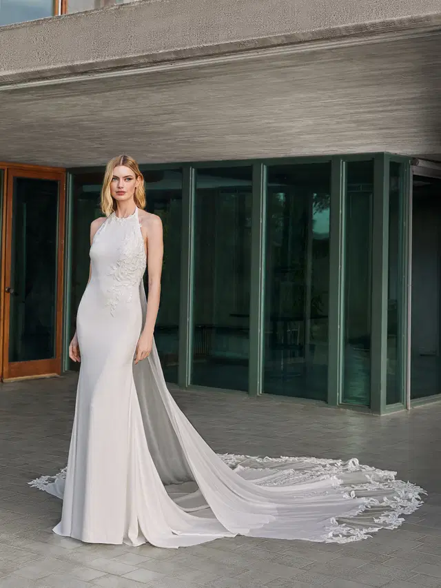 LIGHT by Pronovias: Mermaid silhouette, high / halter neckline, sleeveless, tulle