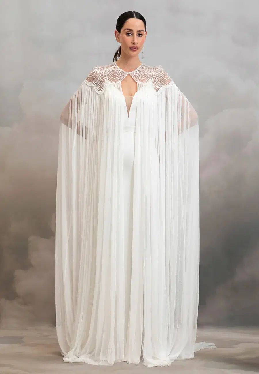 Aster Cape by Catherine Deane: deep V-neck neckline, sleeveless, tulle