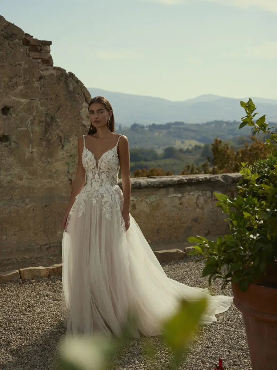 Devondra by Modeca Bridal: A-Line silhouette, V-neck neckline, sleeveless, lace