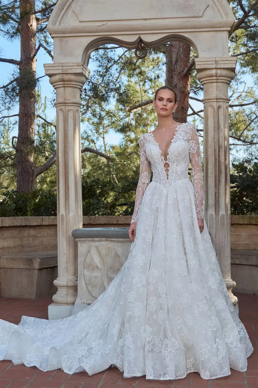LA26255 Sorella by Calla Blanche: Ball Gown silhouette, deep V-neck neckline, long sleeves, lace
