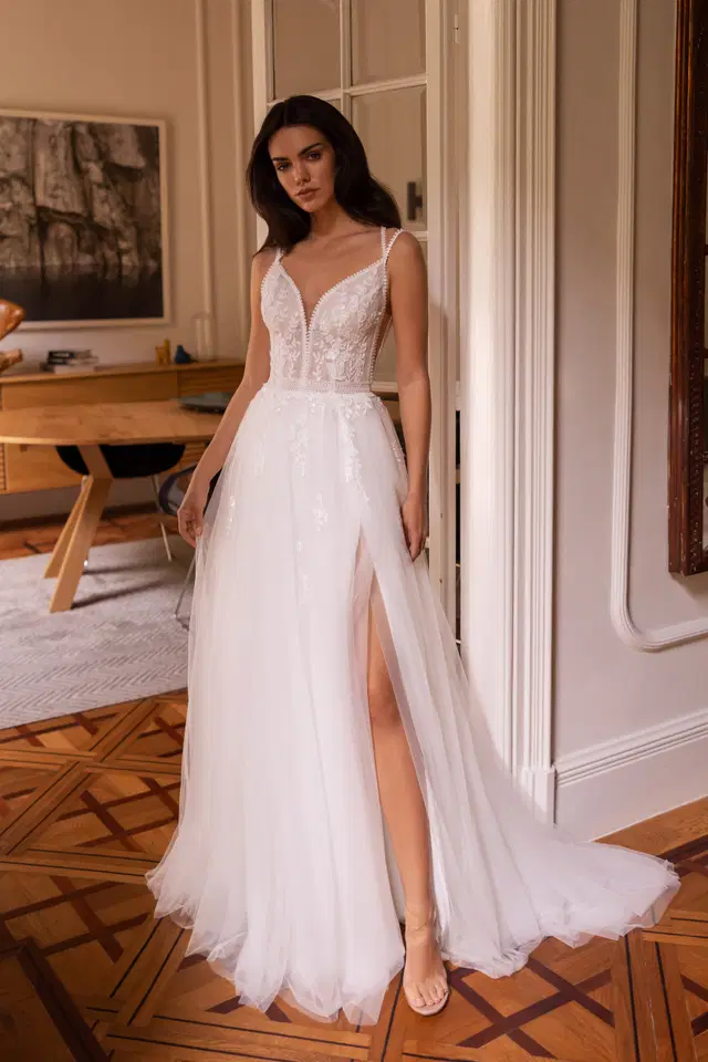 E-5491 by Elizabeth Passion: A-Line silhouette, deep V-neck neckline, sleeveless, lace