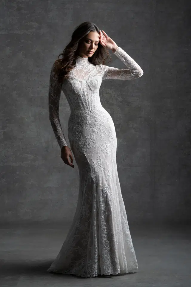 C749 by Allure Couture: Mermaid silhouette, high / halter neckline, long sleeves, lace