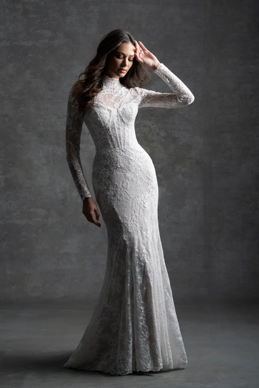 C749 by Allure Couture: Mermaid silhouette, high / halter neckline, long sleeves, lace