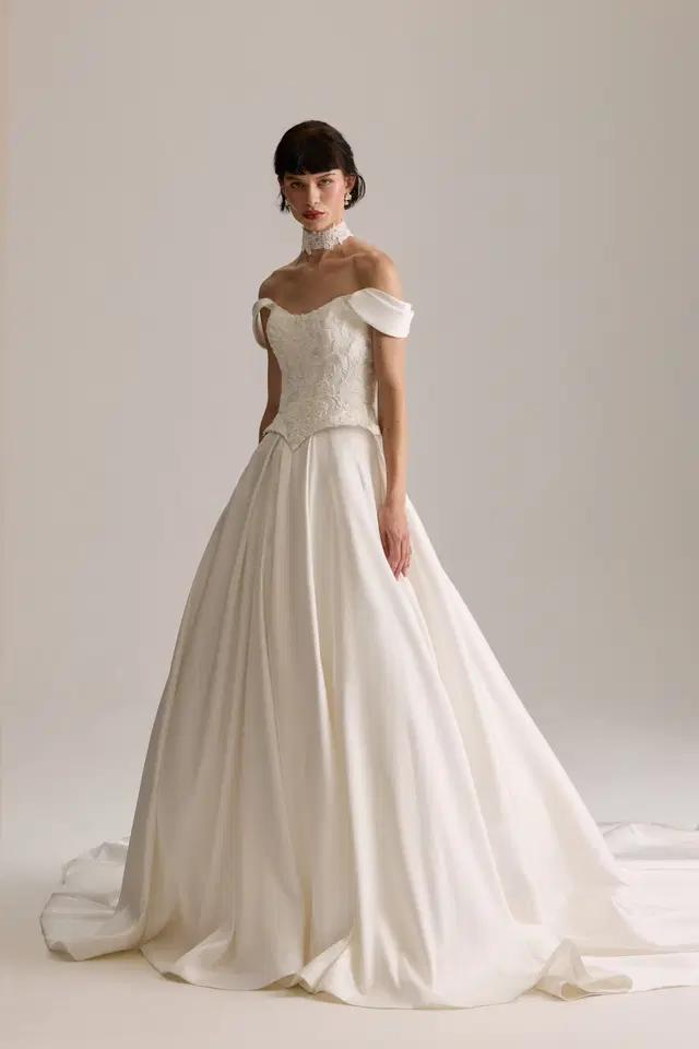 Leonora by Josephine Scott: Ball Gown silhouette, off-shoulder neckline, sleeveless, lace