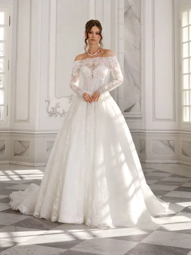 Noa by Vanilla Sposa: Ball Gown silhouette, deep V-neck neckline, separate sleeves, lace