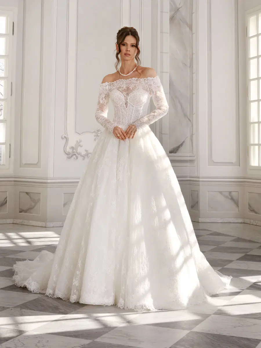 Noa by Vanilla Sposa: Ball Gown silhouette, deep V-neck neckline, separate sleeves, lace
