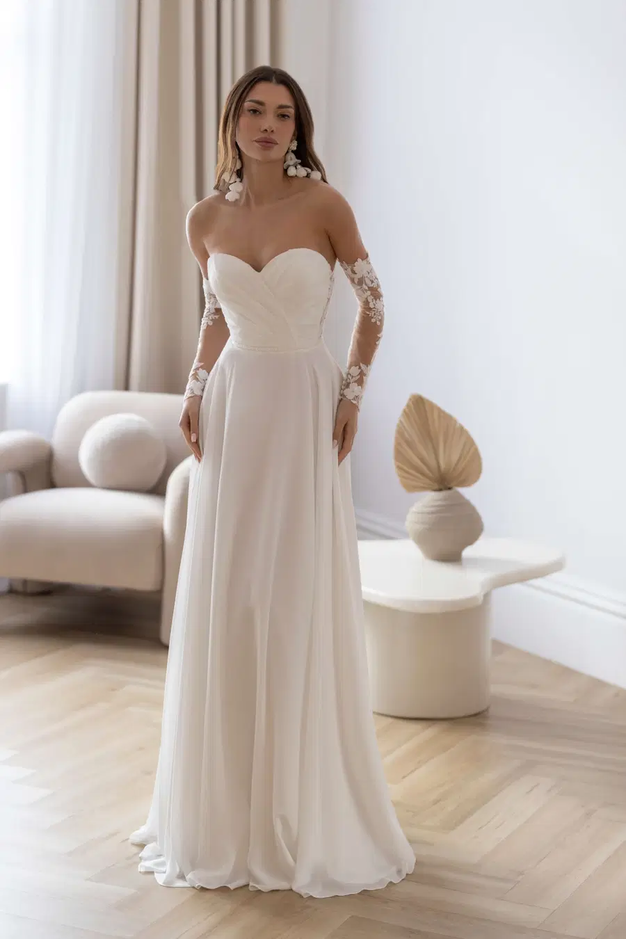Helene by Jarice: A-Line silhouette, sweetheart neckline, long sleeves, chiffon