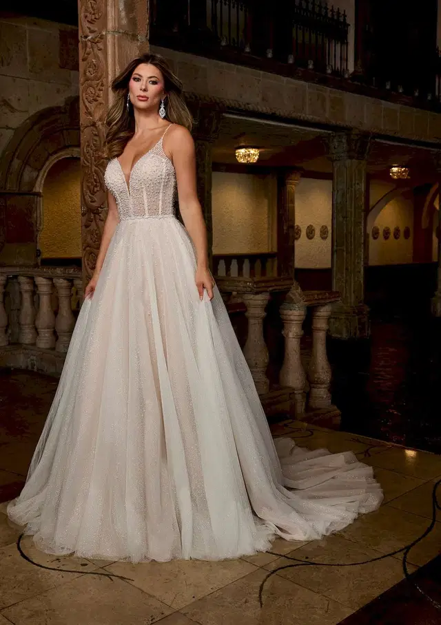 RB3210 by Rachel Allan: A-Line silhouette, deep V-neck neckline, sleeveless, tulle