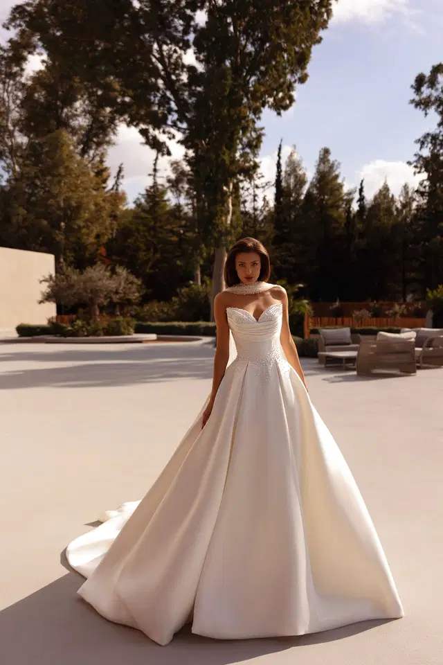 1521 by Demetrios: Ball Gown silhouette, V-neck neckline, sleeveless, mikado
