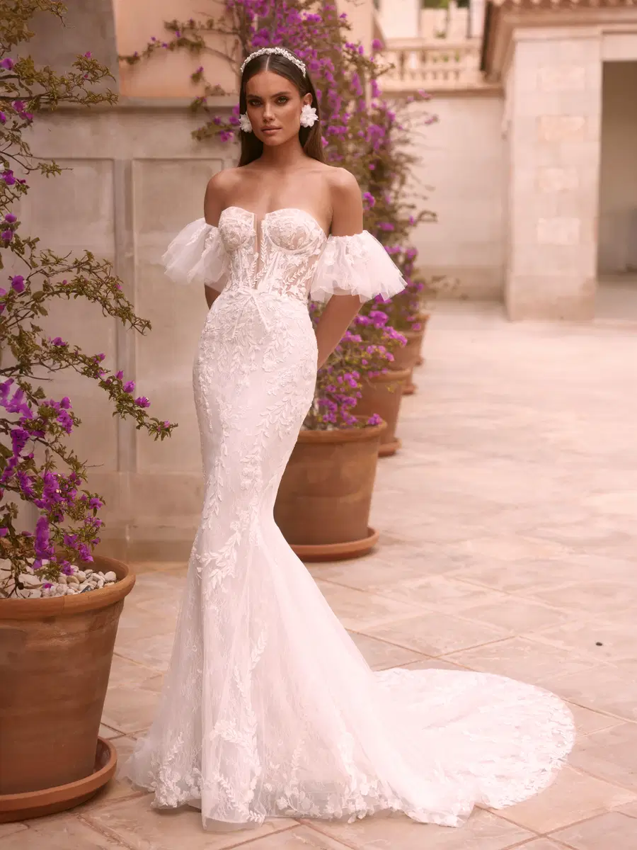 Zerene by Bianco Evento: Mermaid silhouette, sweetheart neckline, short sleeves, lace