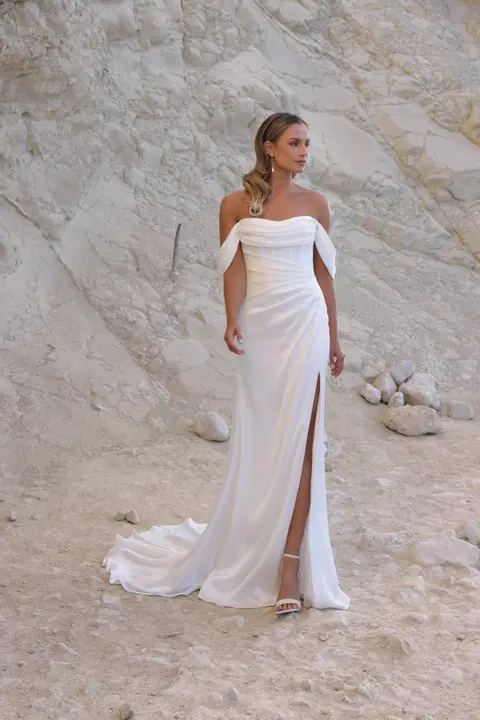 Annelore wedding dress by Azuree Bridal, fit & flare, satin