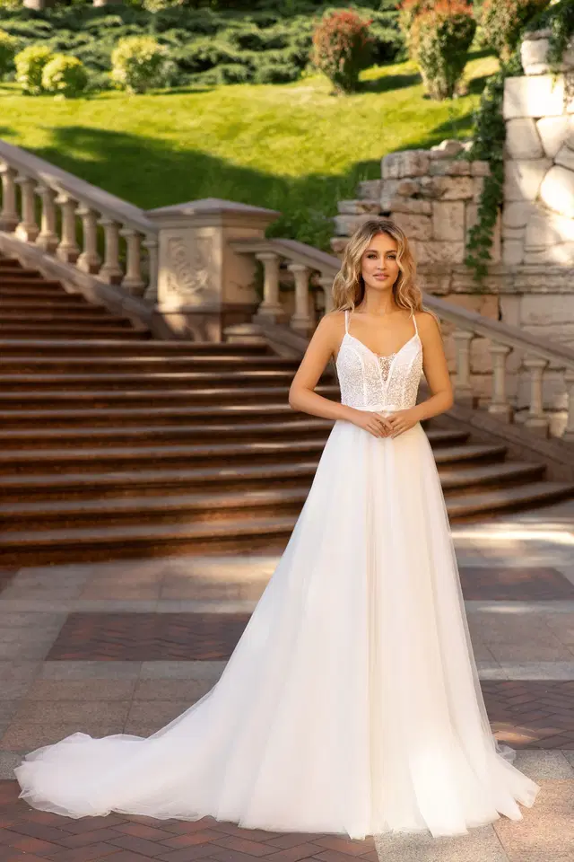 1036 by Angela Bianca: Ball Gown silhouette, deep V-neck neckline, lace