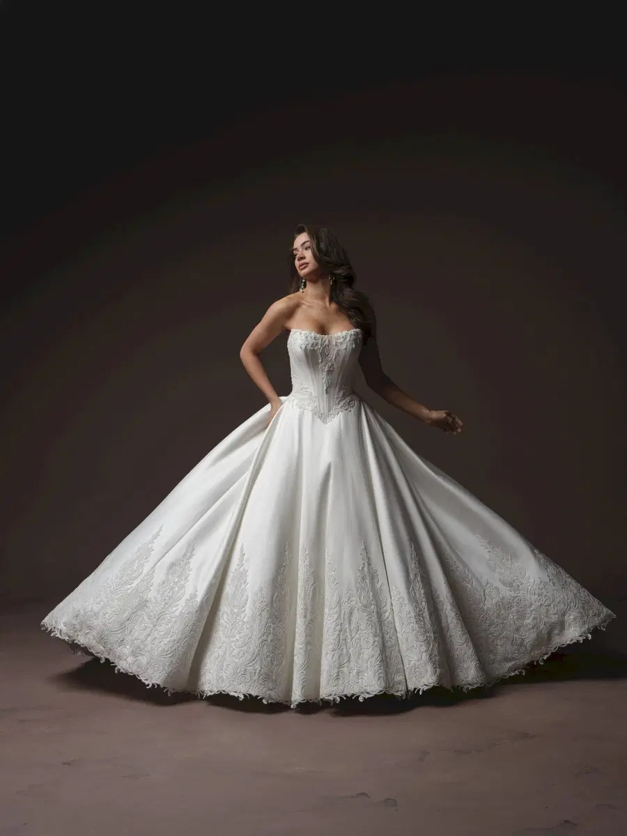 SANDRINE by Sottero & Midgley: Ball Gown silhouette, cat eye neckline, detachable sleeves, lace
