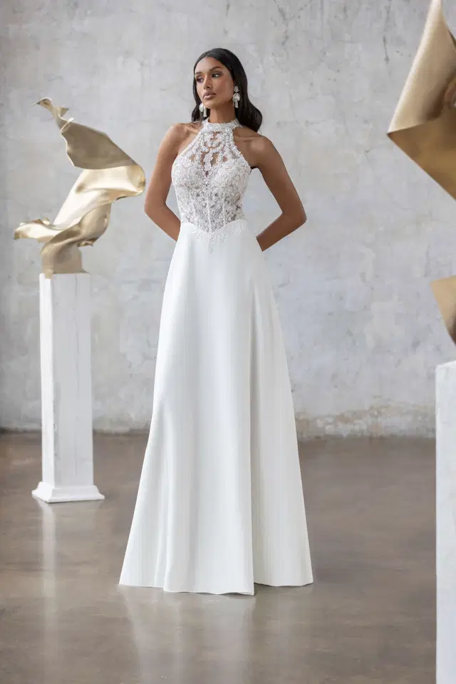 Fantasia by Jarice: A-Line silhouette, high / halter neckline, sleeveless, crepe