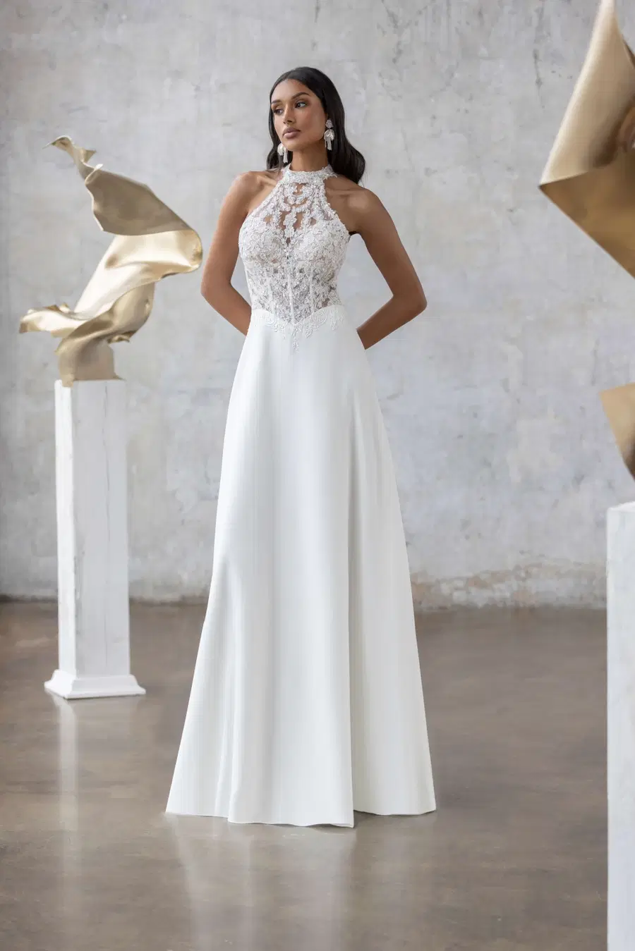 Fantasia by Jarice: A-Line silhouette, high / halter neckline, sleeveless, crepe