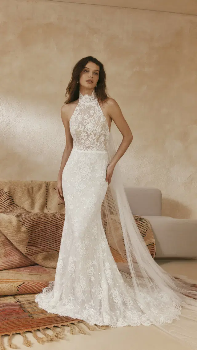 Gabrielle by Anna Kara: Fit & Flare silhouette, high / halter neckline, sleeveless, lace