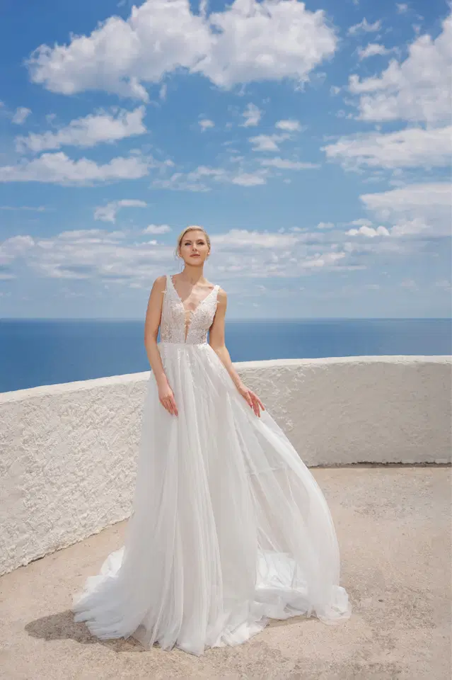 B2401 by Amera Vera: A-Line silhouette, deep V-neck neckline, sleeveless, tulle