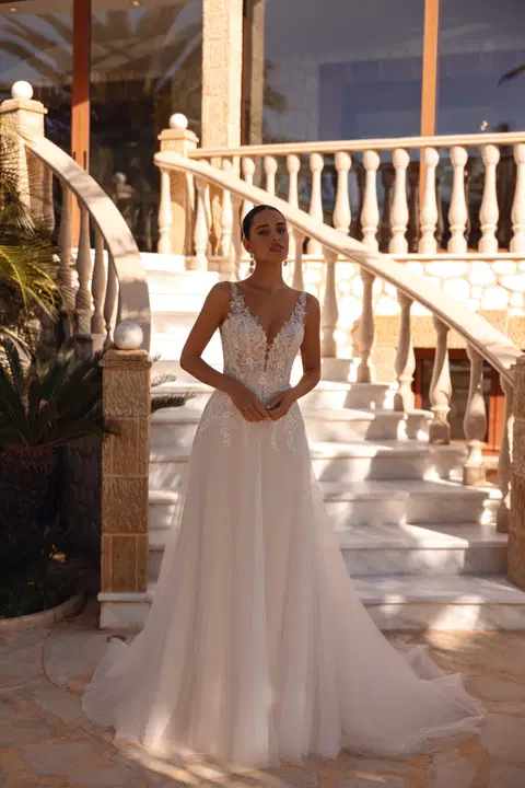 Style 8277 wedding dress by Demetrios, A-line, lace