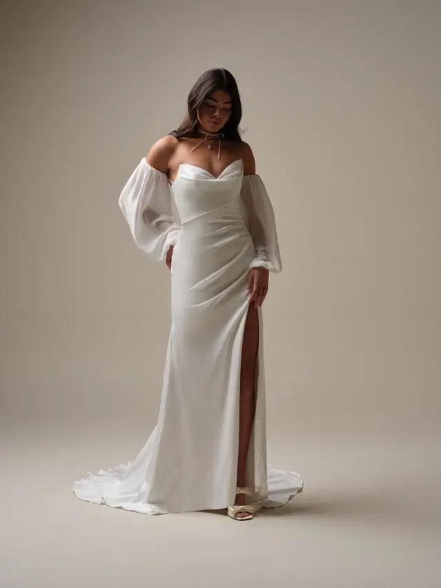 Camille by Maggie Sottero: Fit & Flare silhouette, scoop neckline, separate sleeves, satin