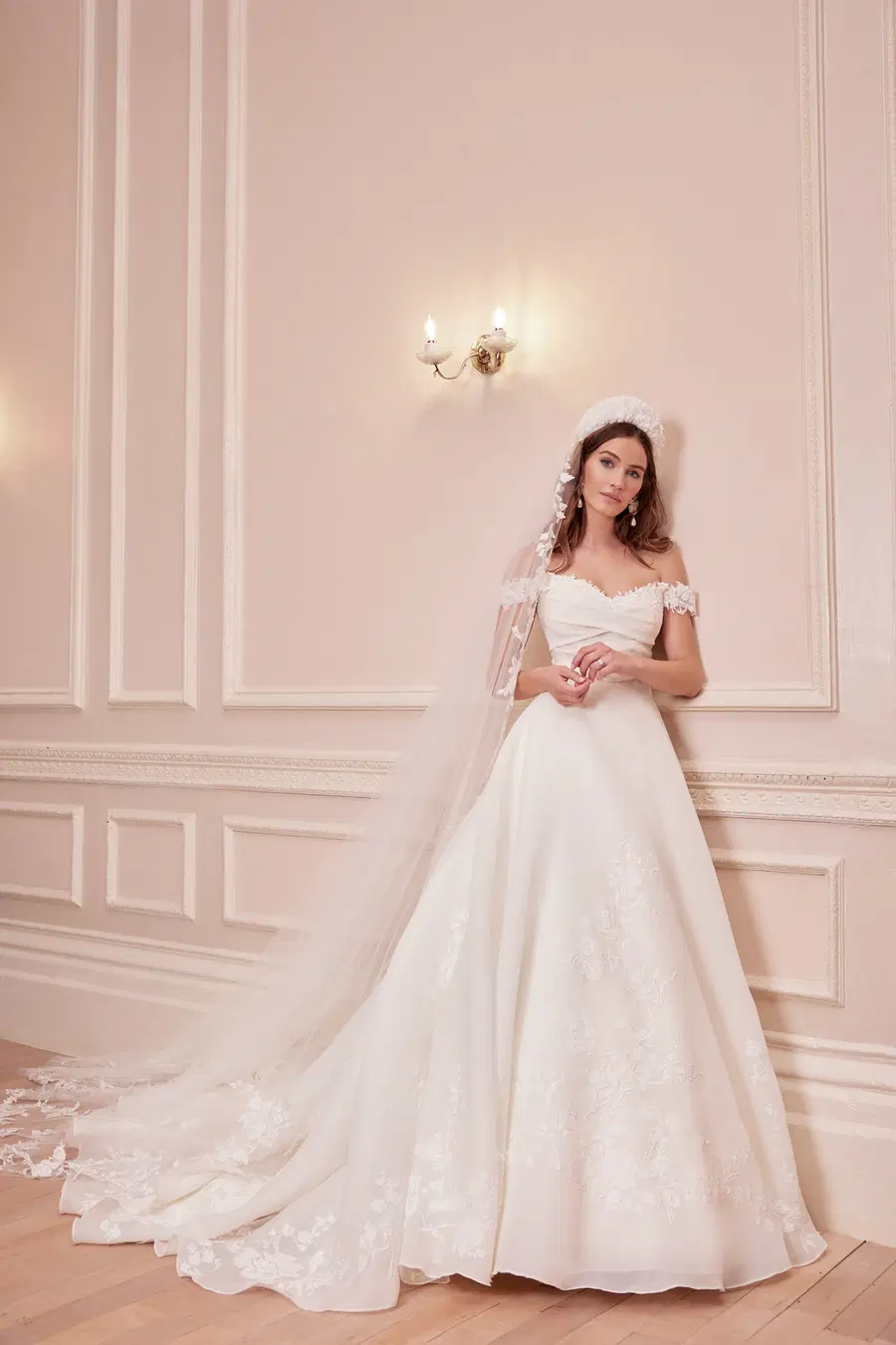 Renata by Josephine Scott: A-Line silhouette, off-shoulder neckline, detachable sleeves, tulle