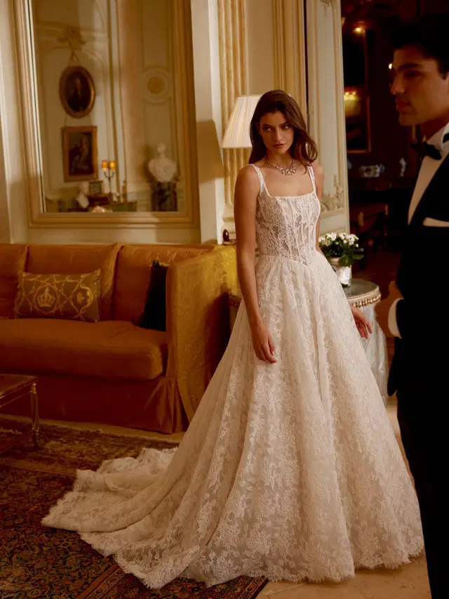 Joelle by Justin Alexander: A-Line silhouette, square neckline, sleeveless, lace