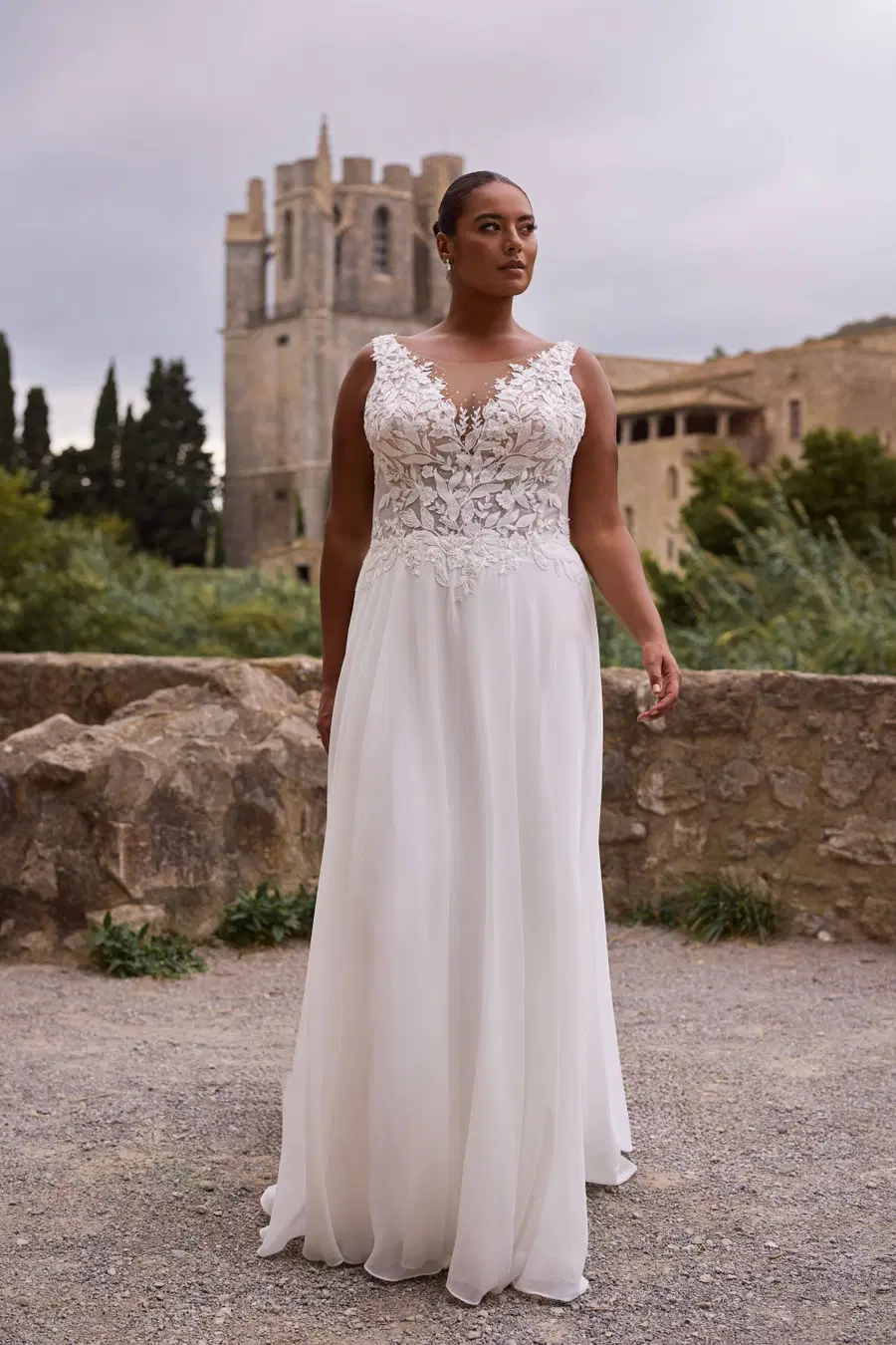 27330 by Très Chic: A-Line silhouette, illusion neckline, sleeveless, chiffon